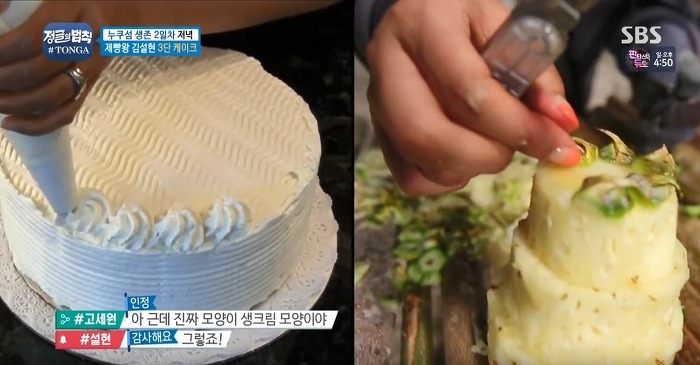 정글에서 생일을 맞은 찬성을 위해 설현이 만든 파인애플 3단케이크.jpg | 인스티즈