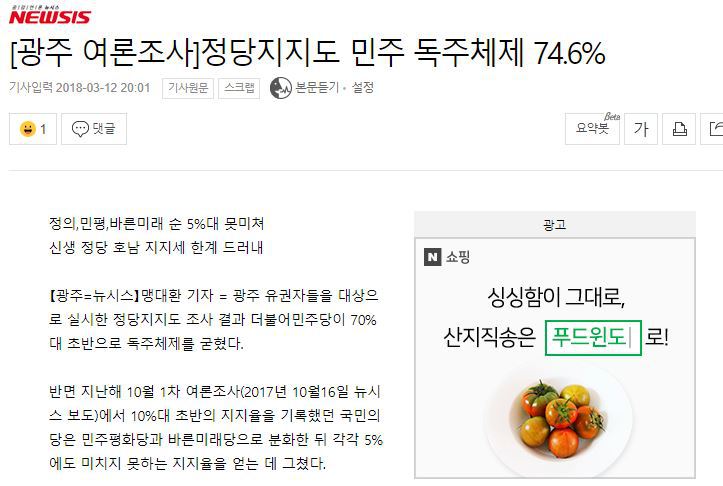 [광주여론조사] 정당지지도 민주 독주체제 74.6% | 인스티즈